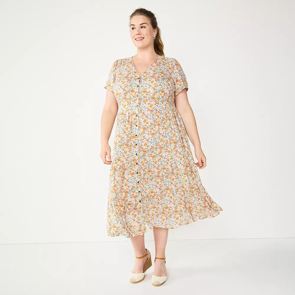 Plus Size Sonoma Goods For Life® Button Front Tiered Midi Dress