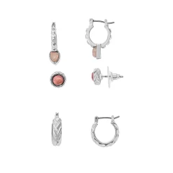 Sonoma Goods For Life® Silver Tone Pink Stone Stud & Huggie Hoops 3-piece Earring Set